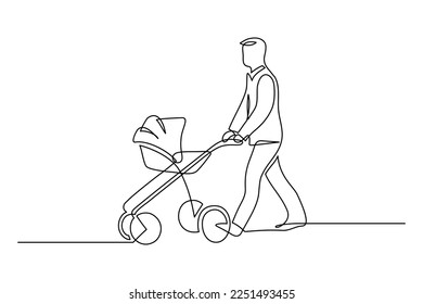 Father on a walk with a baby in continuous line art drawing style. Man pushing baby pram. Black linear sketch isolated on white background. Vector illustration