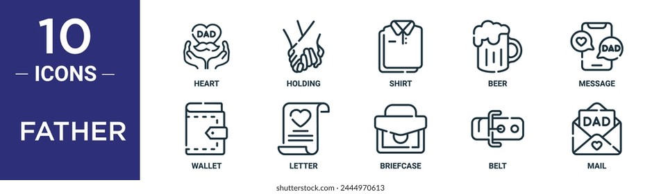 el conjunto de iconos de esquema de padre incluye corazón de línea delgada, sostén, camisa, cerveza, mensaje, cartera, iconos de letras para informe, presentación, diagrama, Diseño web