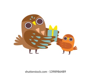 Father Owl Giving Gift to His Owlet Baby, Happy Family of Owls, Cute Cartoon Birds Characters Vector Illustration