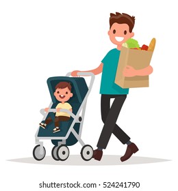 Father with a package of products and a toddler in the pram. Vector illustration in a flat style