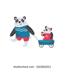 Father Panda Pulling His Baby Girl In Toy Wagon. Child Eating Ice-cream. Happy Family. Humanized Animals In Human Clothes. Fatherhood Concept. Flat Vector Design