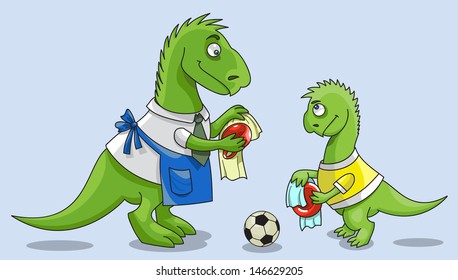 The father a pangolin wipes with towel a cup and looks at his son who wipes with other towel a saucer and plaintively looks at the father who doesn't let it to play soccer