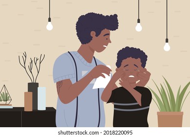 Father parent hugging crying boy kid, family support or parenting vector illustration. Cartoon young dad character wipes tears from depressed son child face, childhood parenthood problem background