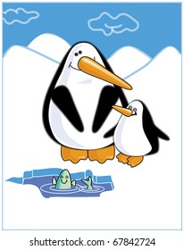 The father a penguin with a cub