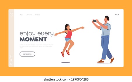 Father Photographer Make Picture of Daughter Landing Page Template. Creative Hobby, Family Traveling, Male Character and Girl Pictures for Memory, Family Album. Cartoon People Vector Illustration