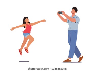 Father Photographer with Photo Camera Make Picture of Daughter for Family Album. Creative Hobby, Family Traveling, Male Character and Girl Pictures for Memory. Cartoon People Vector Illustration