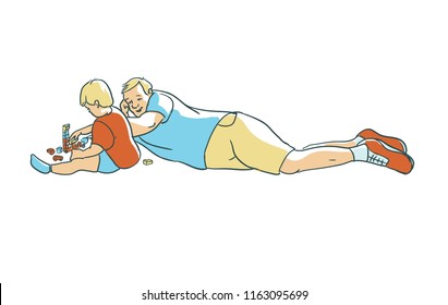 Father plaing with his son and talking to him. Father laying near his toddler on floor, plaing toys. Lovely cartoon characters isolated on white background. Vector illustration for t-shirt, card. 