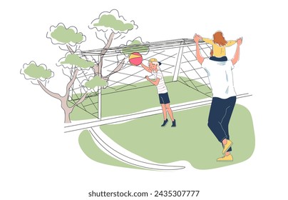 Father play football with kids simple. Man with boy and girl spending time together. Family with sports activites outdoor. Doodle flat vector illustraton isolated on white background