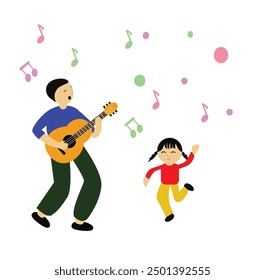 father play a guitar and song, daugher dance. the template for  website or social media event . Entertainment event, festival and holiday. Cartoon flat vector illustration