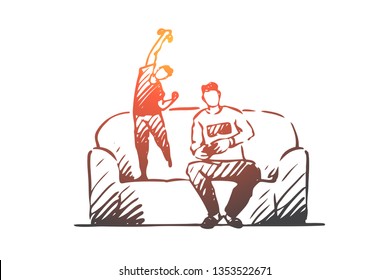 Father, play, son, computer, game concept. Hand drawn dad and son playing in computer game at home concept sketch. Isolated vector illustration.