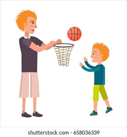 Father playing basketball with his adorable son vector illustration. Redhead male parent and little child play with ball, poster for fathers day celebration