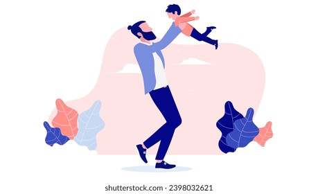 Father playing with child - One single parent having fun , playing, lifting and throwing child up in air. Parenting happiness concept in flat design vector illustration with white background