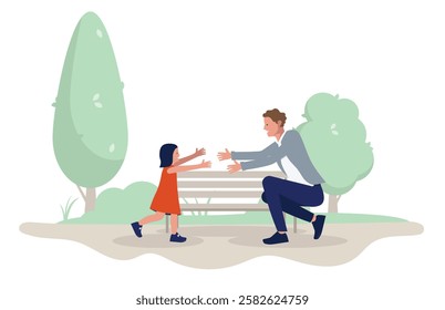 Father playing with child outdoors - Parent with daughter having fun in park or in nature forest together. Parenting concept in flat design vector illustration on white background