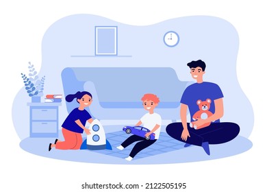 Father playing with children on floor at home. Daughter with toy rocket, son with little car flat vector illustration. Family, fatherhood, parenting, childhood concept for banner or landing web page