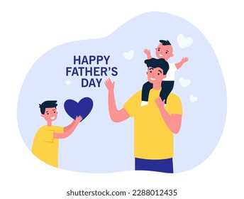 Father playing with children vector illustration. Happy son giving heart to dad, man carrying child on shoulders. Celebrating holiday together. Fathers day, family, love concept