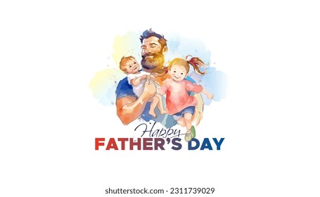 Father playing with daughter and son. Happy Father's Day holiday. Greeting card poster banner template design.