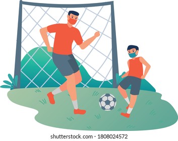 Father playing football with his son at football yard illustration