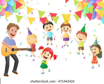 father playing guitar for little girl's birthday