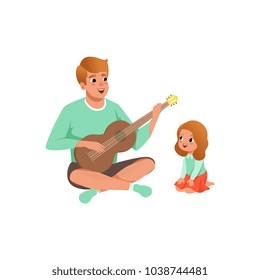 Father playing guitar music to his daughter, loving dad and kid spending time together vector Illustration on a white background