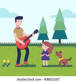 Father playing guitar music to his daughter girl with a dog. Outdoor musical excitement. Modern flat vector illustration clipart.