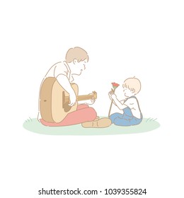 father playing guitar and son holding a flower. hand drawn style vector doodle design illustrations.