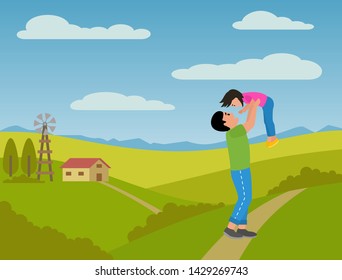 Father playing with his child daughter in the village. Spinning her in holding hands. Blue skies, green grass and small cottage background. Vector cartoon illustration.