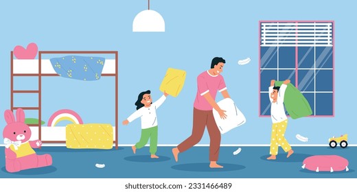 Father playing with his children fighting with pillows in bedroom flat vector illustration