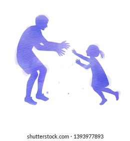 Father playing with his daughter silhouette plus abstract watercolor painting. Happy father's day. Sport and recreation. Digital art painting. Vector illustration
