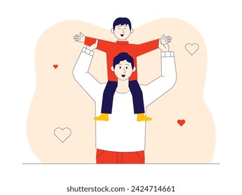 Father playing with his son by carrying him on his shoulder, happiness vector illustration.