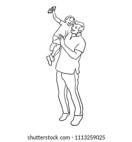 Father is playing with his son. Hand drawn vector illustration isolated on background. Family time, happy people. Doodle style illustration for cards, textile.