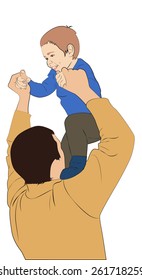 Father playing with his son, raises him up, vector illustration