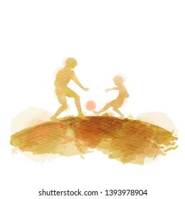 Father playing with his son silhouette plus abstract watercolor painted. Happy father's day. Sport and recreation. Digital art painting. Vector illustration.