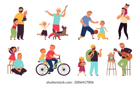 Father playing with kids. Fathers and son together, parents with lovely kid play with toy. Summer time, single dad and children decent vector set