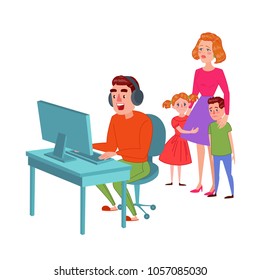 Father Playing on Video Games. Computer Addicted Dad. Man Gamer. Family Problems Parenting Issues Concept. Vector illustration