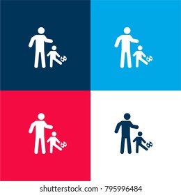 Father playing soccer with his son four color material and minimal icon logo set in red and blue