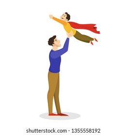 Father playing with a son. Boy in a hero costume, red cloak. Man and child having fun. Isolated vector illustration in cartoon style