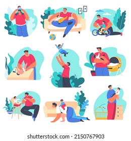 Father playing with son, dad taking care for newborn baby changing diapers and feeding small boy. Leisure and holidays, teaching to ride bicycle and sleeping on sofa together. Vector in flat style