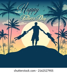 Father playing with son and daughter in a beautiful place. Father's Day social media post Design. Silhouette design. 