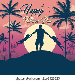 Father playing with son and daughter in a beautiful place. Father's Day social media post Design. Silhouette design