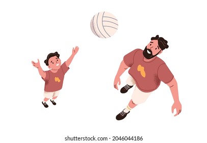 Father Playing With Son. Happy Dad And Child Tossing Ball Together. Active Daddy And Boy Kid During Bonding Outdoor Leisure Activity. Flat Vector Illustration Isolated On White Background