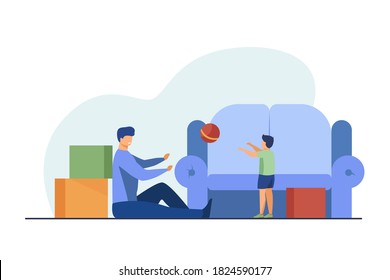 Padre jugando con su hijo en la sala de estar. Hogar, sofá, ilustración vectorial plana de bola. Concepto de familia e infancia para banner, diseño de sitios web o página web de inicio