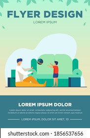 Father playing with son in living room. Home, sofa, ball flat vector illustration. Family and childhood concept for banner, website design or landing web page