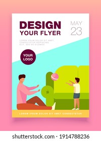 Father playing with son in living room. Home, sofa, ball flat vector illustration. Family and childhood concept for banner, website design or landing web page