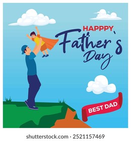 Papai está brincando com o filho lá fora. Os meninos usam capas. Conceito de Dia dos Pais. Ilustração de vetor plano.