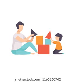 Father playing toy cubes with his son, Dad and his kid having good time together vector Illustration on a white background