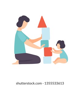 Father Playing Toy Cubes with His Toddler Baby, Dad and His Kid Having Good Time Together Vector Illustration