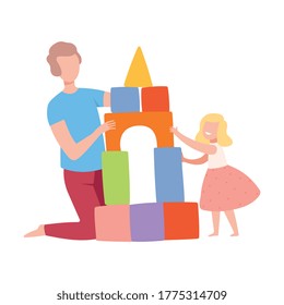 Father Playing Toy Cubes with his Daughter, Parent and Kid Spending Time Together at Home Flat Style Vector Illustration