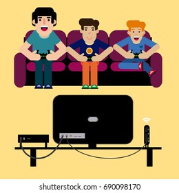 Father playing video console with his children
