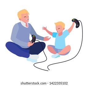 father playing video game with son characters