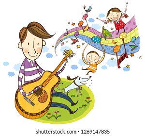 Father playing violin with children